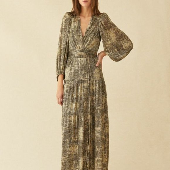 BA&SH SADDIE CUT OUT BACKLESS METALLIC LONG SLEEVE GOLD GOWN DRESS SZ 1 - Picture 2 of 6